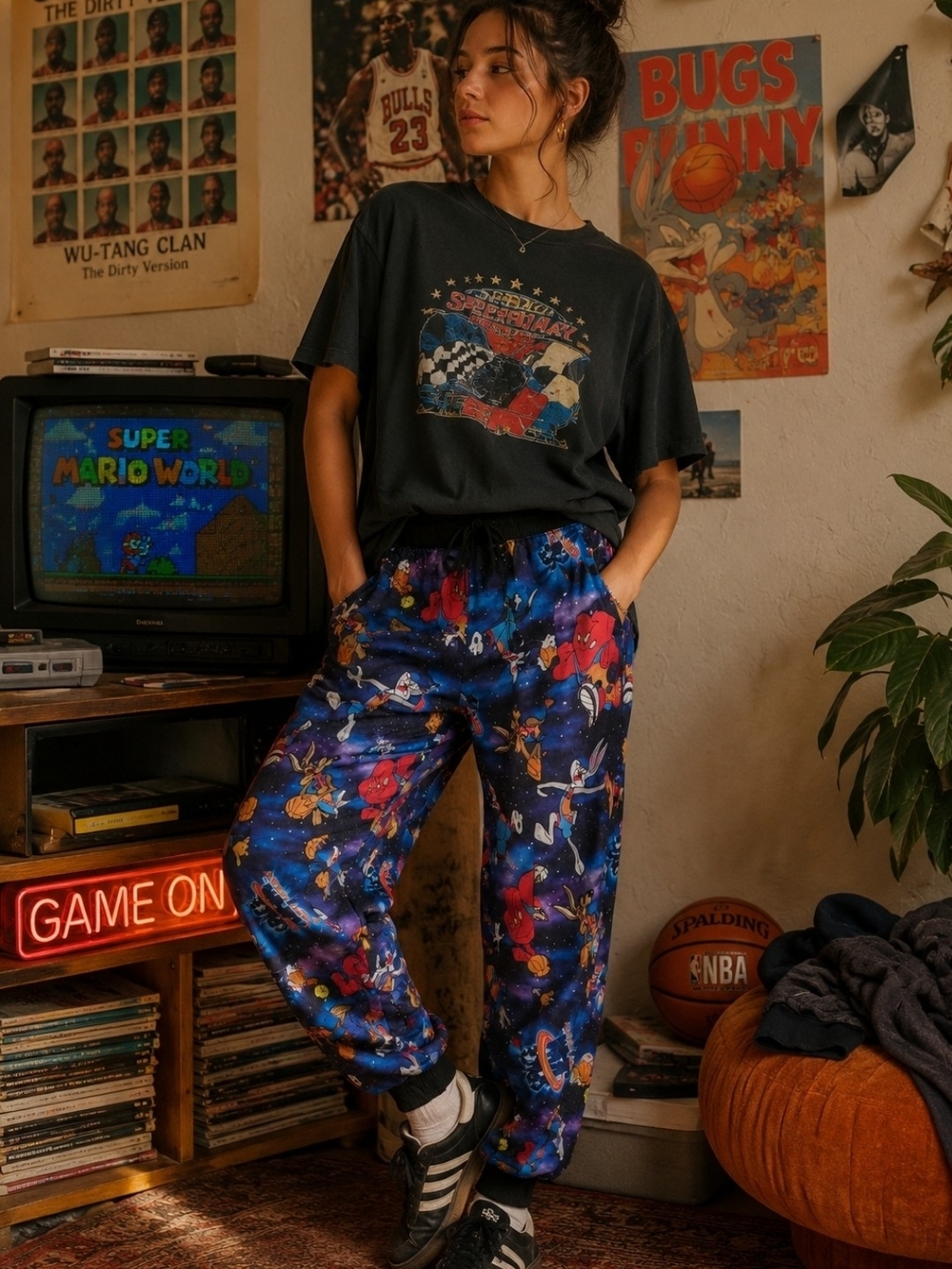 4/$15 Graphic Space Jam Jogger Pants Blue Vintage Women's Men's Sz L